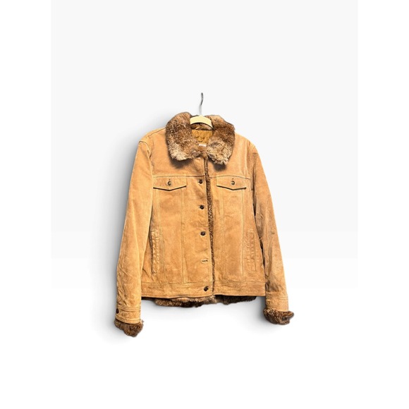 Wilsons Leather Maxima Jackets & Blazers - Wilsons Leather Maxima Tan Suede Rabbit Fur Trim Trucker Jacket XL Womens